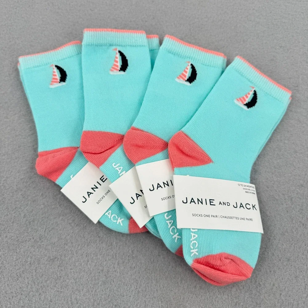 NWT Janie and Jack Infant 4pk Sock Bundle 12-24mo Blue/Orange‎ Nautical Preppy